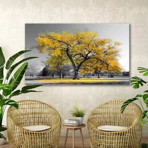 Quadro Decorativo Floral Ipe Amarelo para Sala Hall em Tecido Canvas 55x100