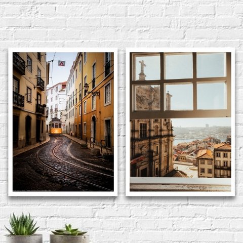 Kit 2 Quadros Fotos Portugal 33x24cm:Madeira preta