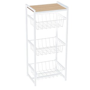 Fruteira Suporte de Chão para Cozinha Tampo Madeira Mdf 3 Cestos em Aço Estilo Industrial Branco
