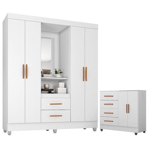 Guarda Roupa Casal Capela Com cômoda Lite 4 Gavetas e 2 Portas branco Brilho - Móveis Leão