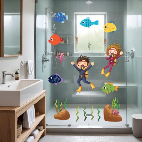Adesivo Box de Banheiro e Parede Infantil Nadadores Oceano