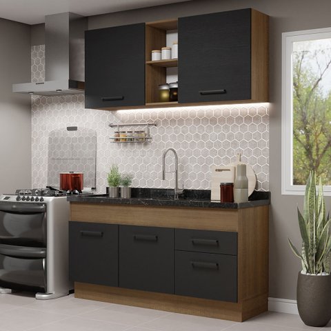 Cozinha Compacta Madesa Agata 150002 com Armário e Balcão (Sem Tampo e Pia) Rustic/Preto Cor:Rustic 