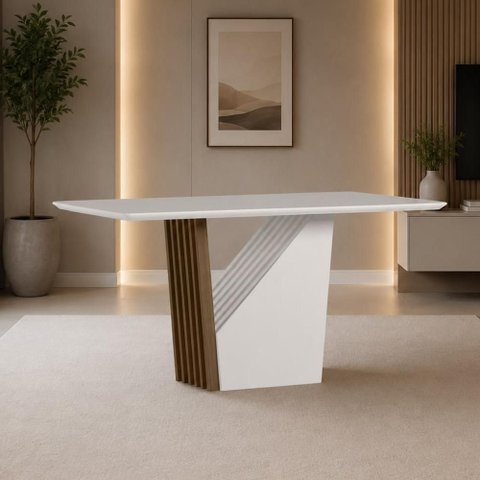 Mesa de Jantar Veneza 160x90 Tampo em MDF com Vidro Imbuia/Off White - New Ceval
