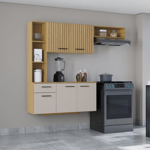 Cozinha Compacta 5 Portas 1 Gaveta Impressão Ripado Isis Yescasa Marrom/Damasco/Offwhite