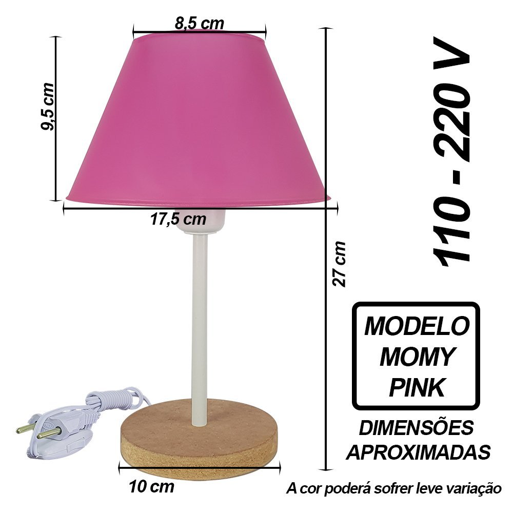 Abajur Infantil Momy Menina Menino Luminária para Quarto de Bebê – Cor Pink - 2