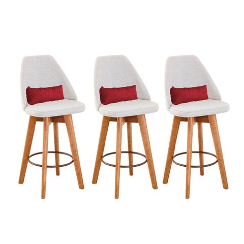 Kit 03 Banquetas Alta Maya Giratória Com Encosto Linho Bege Claro e Almofada Corino Vermelho - Gat