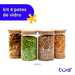 Kit 4 Potes de Vidro 600ml Tampa de Bambu Herméticos Redondos - Tüd - 3