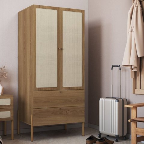Conjunto Guarda-Roupa 2 Portas 2 Gavetas e Mesa de Cabeceira 2 Gavetas Palhinha Pé Madeira Marrom/Hanover