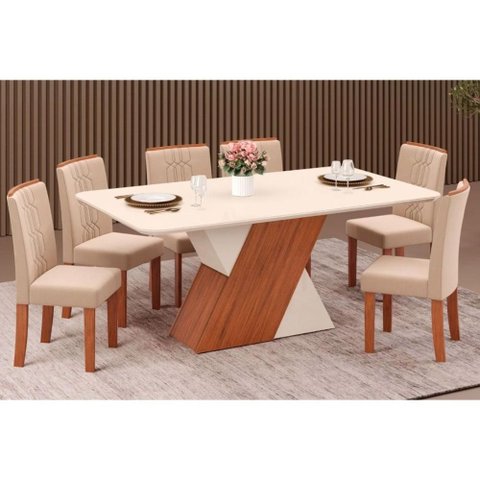 Conjunto: Mesa Sala Jantar Rubi Tampo Madeirado C/ Vidro Canto Reto 170x90cm e 6 Cadeiras Zoe Freijo