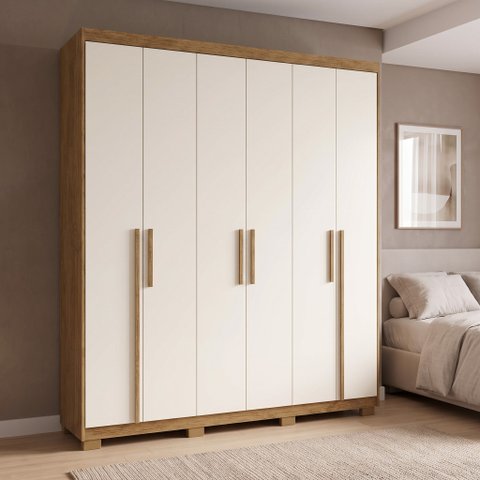 Guarda-Roupa Casal 6 Portas, 2 Gavetas e Pés MDF Cuiabá Cinamomo/Off White