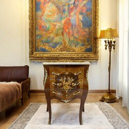 Cômoda Bombê com Marchetaria e Tampo em Mármore - 73x64x43cm - 2