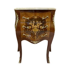 Cômoda Bombê com Marchetaria e Tampo em Mármore - 73x64x43cm