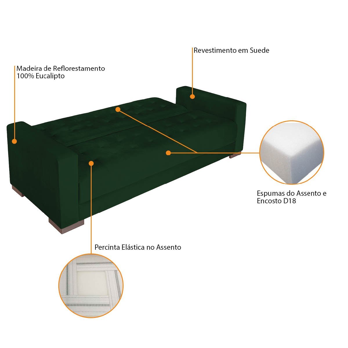 Sofá Cama 3 Lugares Jobim Suede - Doce Sonho Móveis SOFÁ CAMA SOFÁ 3 LUGARES Verde - 4