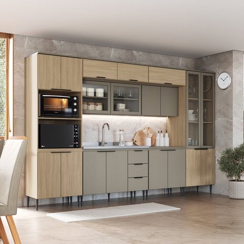 Cozinha Completa Modulada 8 Peças com Cristaleira e Porta de Vidro Lavínia Marrom/Imperial/Fumê