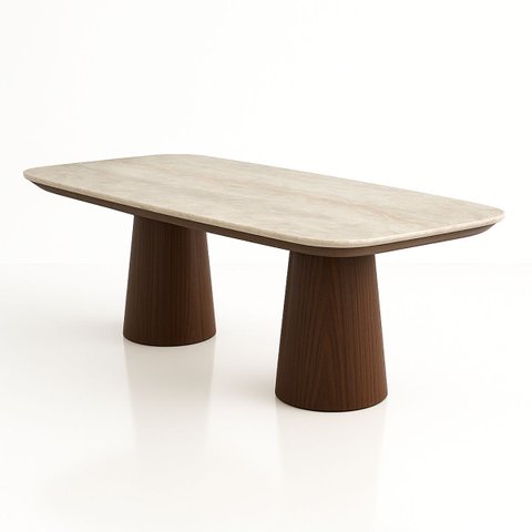 Mesa de Jantar Quartzito Taj Mahal Base e Tampo Duplo Nogueira 198x122 Cm