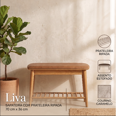 Banco Sapateira com Prateleira Ripada Liva 70 cm X 36 cm Tauari Courino Caramelo
