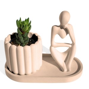 Conjunto Decorativo 3pçs Estátua Pensadora Vaso Tulipa e Bandeja - Palha