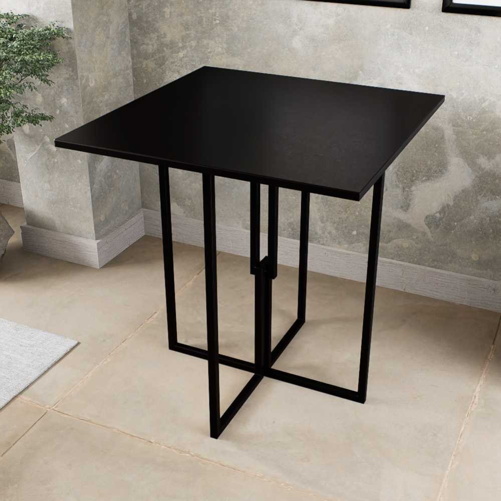 Mesa Quadrada Industrial Preta 70cm Tampo Madeira Preto