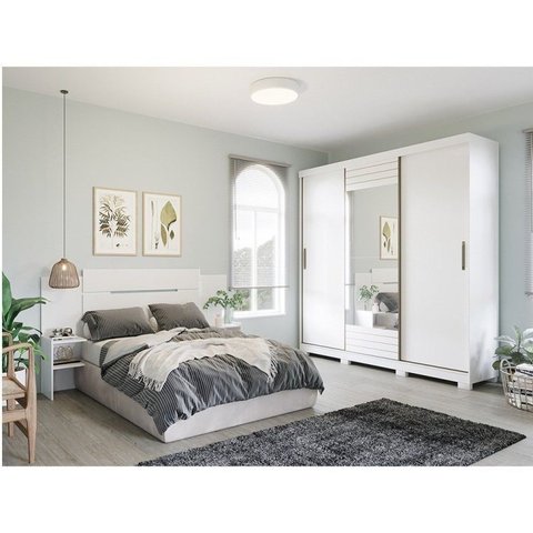 Conjunto Quarto de Casal 1 Guarda Roupa com Espelho Buzios 1 Cabeceira Extensível Mila
