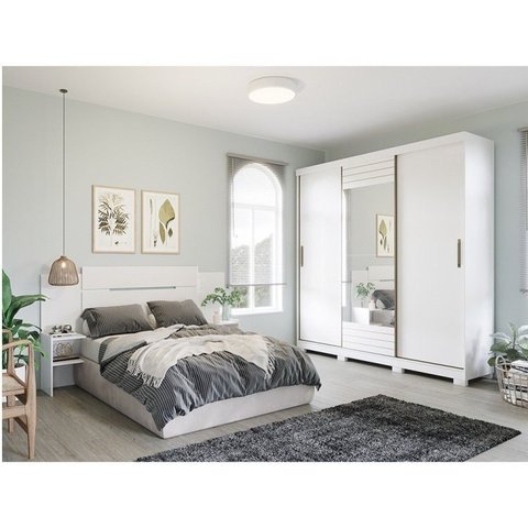 Conjunto Quarto de Casal 1 Guarda Roupa com Espelho Buzios 1 Cabeceira Extensível Mila 