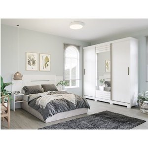 Conjunto Quarto de Casal 1 Guarda Roupa com Espelho Buzios 1 Cabeceira Extensível Mila