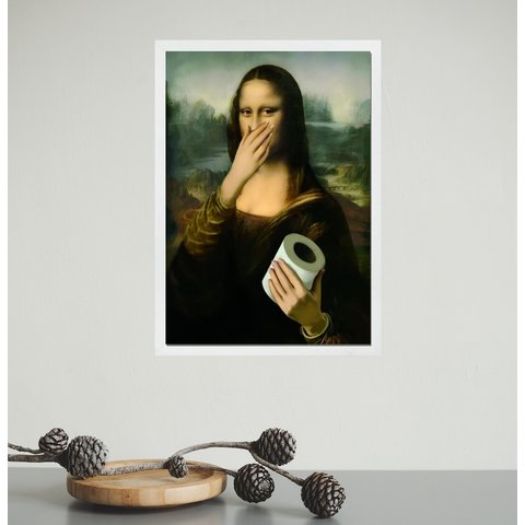 Quadro Divertido Banheiro - Monalisa Papel Higiênico 24x18cm:moldura Preta