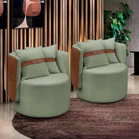 Kit 2 Poltrona Orgânica Maya Corino Nozes e Boucle Verde Redonda Decorativa - Arkell