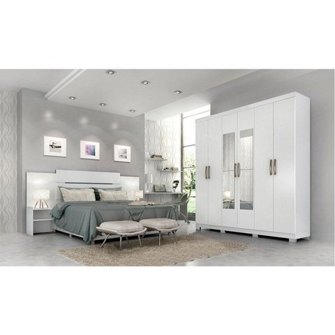 Conjunto Quarto de Casal 1 Guarda Roupa com Espelho Clara 1 Cabeceira Extensível Mila
