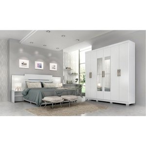 Conjunto Quarto de Casal 1 Guarda Roupa com Espelho Clara 1 Cabeceira Extensível Mila
