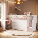 Ver imagem 6 de Cama Infantil Juvenil com Mesa Escrivaninha e Escada com Gavetas e Portas Cor:Branco com Rosa