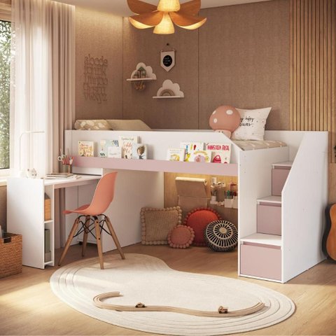 Cama Infantil Juvenil com Mesa Escrivaninha e Escada com Gavetas e Portas Cor:Branco com Rosa