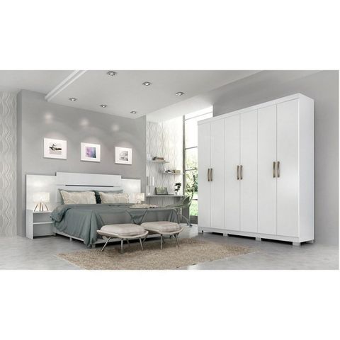 Conjunto Quarto de Casal com Guarda Roupa 6 Portas Clara Cabeceira Extensível Mila 