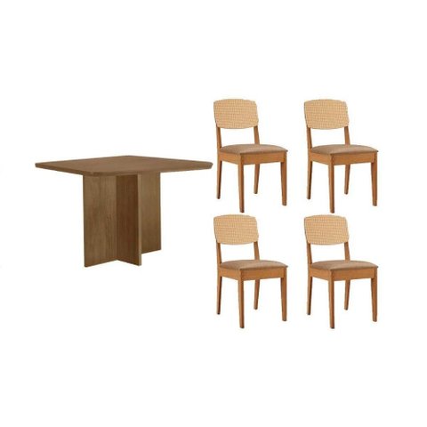 Conjunto: Mesa Sala Jantar Berlim Curvo 90cm + 4 Cadeiras Havana Naturale - Linho Bege - Rufato
