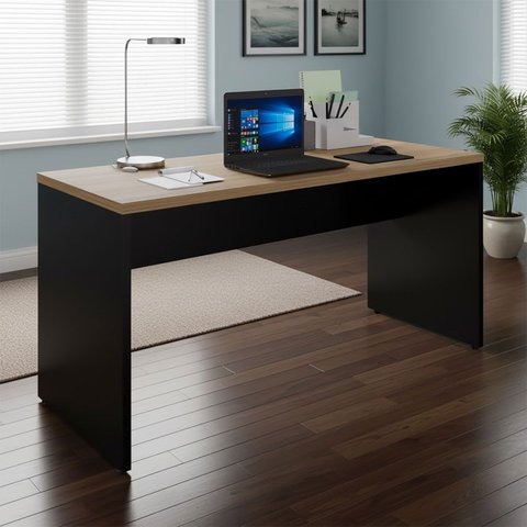 Escrivaninha Escritório 150cm X 60cm Pés Painel Mac Pr F5 Cor:macadâmia com Preto