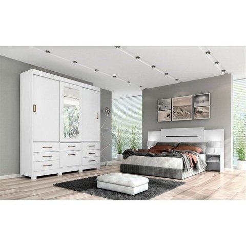 Conjunto Quarto de Casal Guarda Roupa com Espelho Luiza Cabeceira Extensível Mila