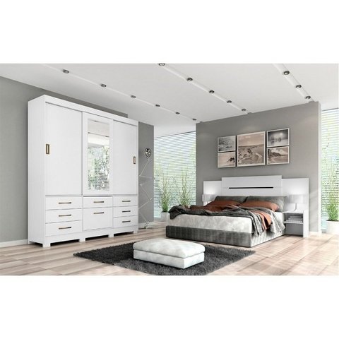 Conjunto Quarto de Casal Guarda Roupa com Espelho Luiza Cabeceira Extensível Mila 