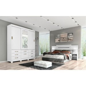 Conjunto Quarto de Casal Guarda Roupa com Espelho Luiza Cabeceira Extensível Mila