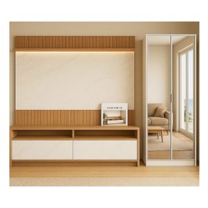 Estante Home para Tv 70 Polegadas Ripado com Led e Armário 2 Portas Espelhado Rio