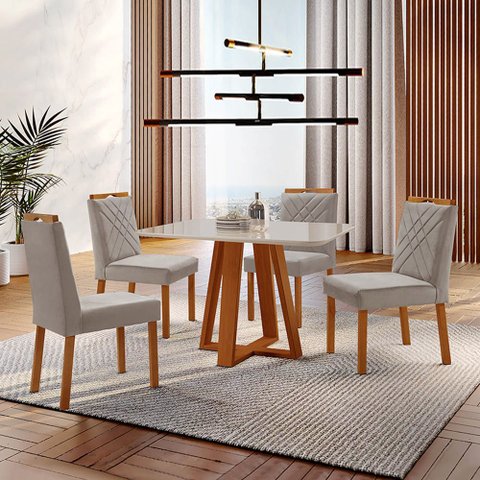 Conjunto Sala de Jantar Mesa Floripa Madeira Maciça 90x90cm Tampo Quadrado Vidro Off White com 4 Cad