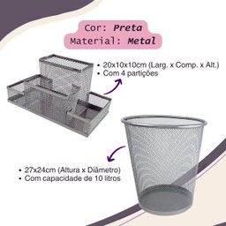 Kit Organizador de Mesa e Lixeira de Escritório Prata ou Preto - Prata - 3