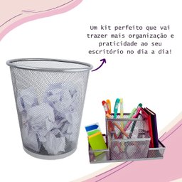 Kit Organizador de Mesa e Lixeira de Escritório Prata ou Preto - Prata - 2