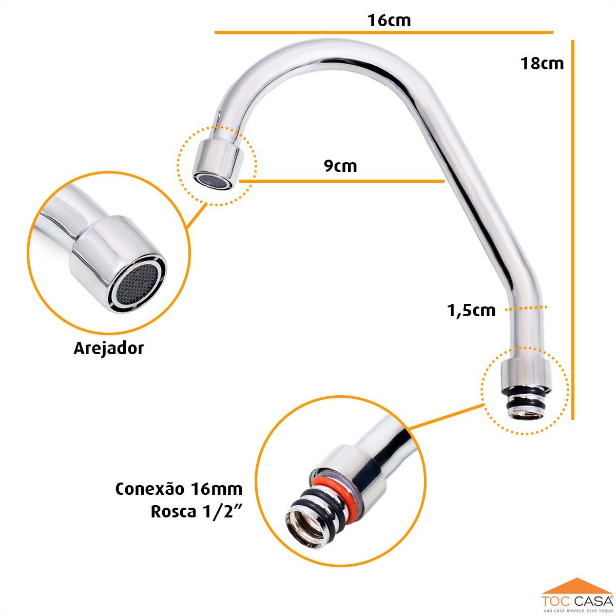 Tubo J Bica Cozinha Inox 1/2" Cromado e Arejador Fixo Cromado - 4