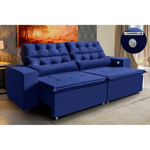 Sofá 4 Lugares América Azul Retrátil, Reclinável 2,52 Metros Tecnologia Carregamento 3 portas USB