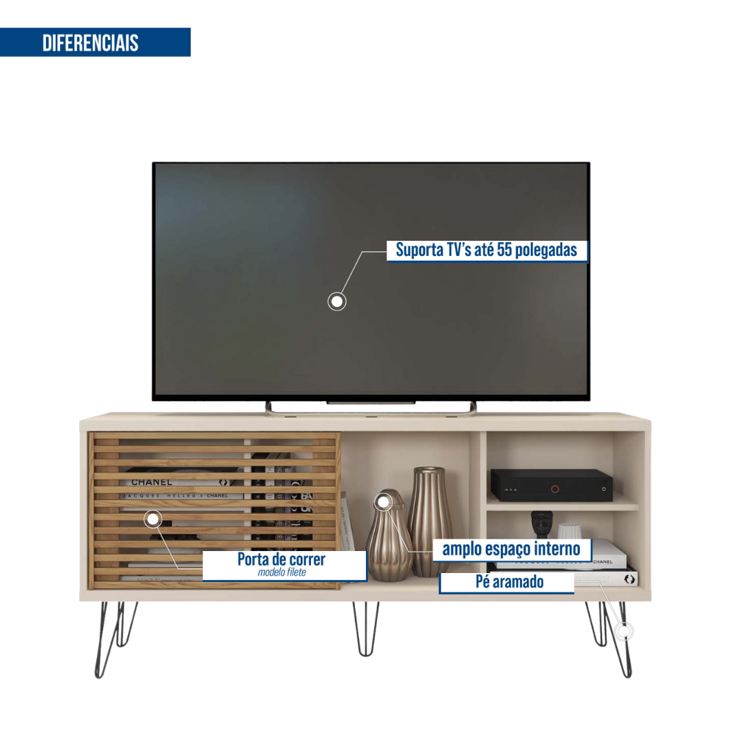 Rack para TV até 55 Polegadas Industrial Retrô 136cm em BP Porta Ripada Multiverso CabeCasa MadeiraMadeira - 7