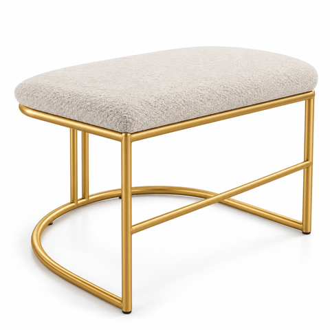 Puff Poltrona Lua Estofada Base Metal Dourada Luxo Boucle Bege