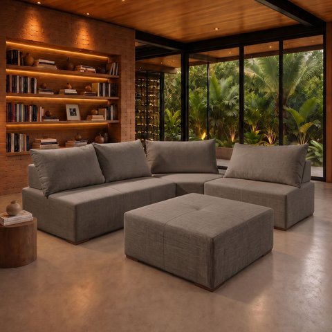 Sofá de Canto Modulado com Puff e Base Madeira Maciça 270CMX220CM Lisboa