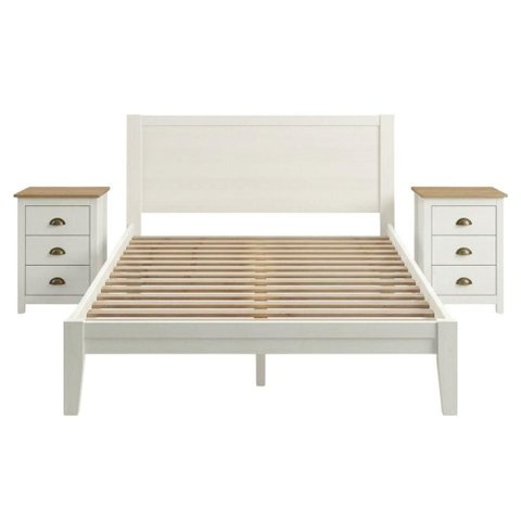 Cama Queen com 2 Mesas de Cabeceira Topazio 3 Gavetas Madeira Maciça Taeda Branco Milani Movelaria