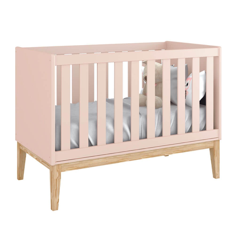 Berço Mini Cama Noah Square com Pés em Madeira Natural - Rosa - 1