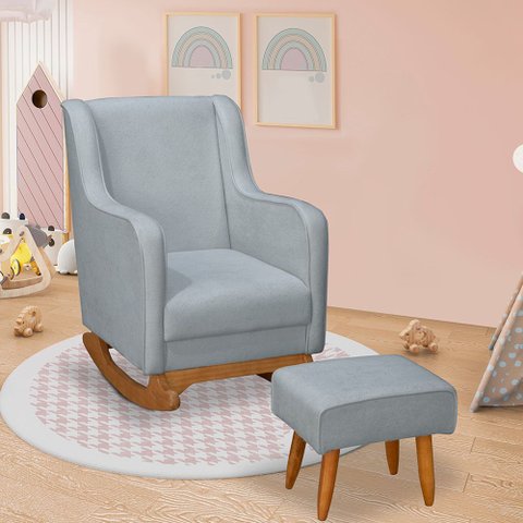 Poltrona de Amamentação Aquila Balanço com Puff Bouclê Azul Bebê