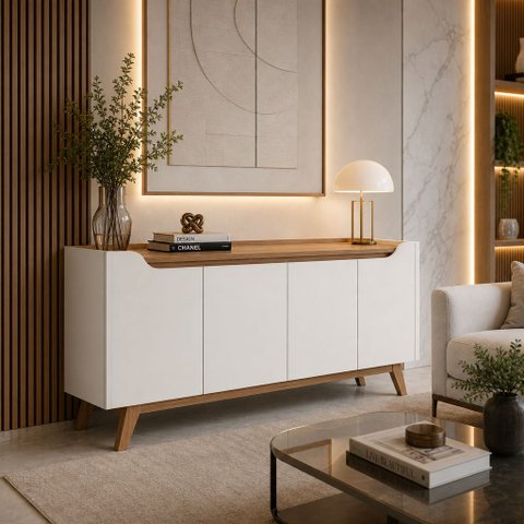 Buffet Aparador 4 Portas com Pés de Madeira Ravena 180cm Sala de Estar Jantar - Offwhite / Cedro